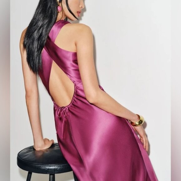 NEW Reformation Anaiis Long Silk Dress Hibiscus Tea Dark Pink Magenta | US 0 UK4 - Picture 14 of 15